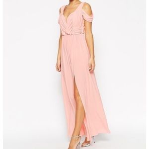 Pink Drape Cold Shoulder Maxi Dress